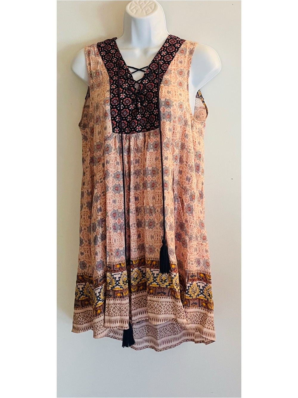 En Creme Floral Patchwork Mini Dress in Cream, Navy, Yellow